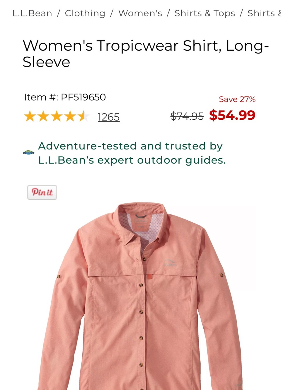 L.L. Bean Women's Tropicwear Long-Sleeve Utility Jacket - Peach